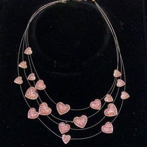 Suzanne Somers 4 Strand Floating Pink Rhinestone Heart Wire Necklace.